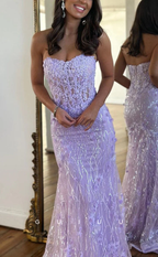Luxurious Strapless Sheer Lace Applique Long Prom Dresses Birthday Outfit