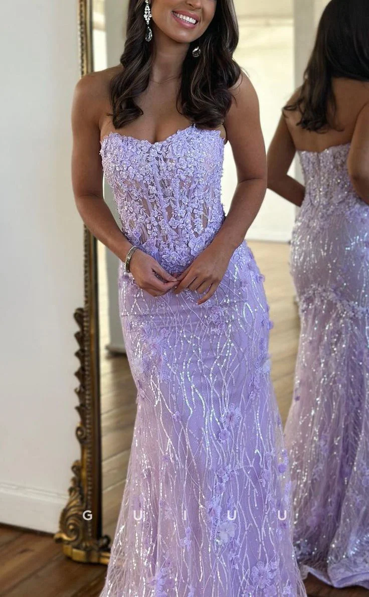 Luxurious Strapless Sheer Lace Applique Long Prom Dresses Birthday Outfit