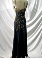 Luxurious Vintage Black Thin Strap Gold Beaded Embroidery Chiffon Long Prom Dresses Evening Dresses