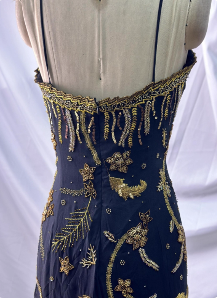 Luxurious Vintage Black Thin Strap Gold Beaded Embroidery Chiffon Long Prom Dresses Evening Dresses