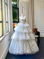 Luxurious White Strapless Feather Floor-Length Ball Gown Wedding Dresses