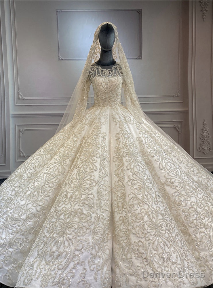 Luxury Ball Gown Dubai Sequins Beading Long Sleeve Wedding Dress Main image