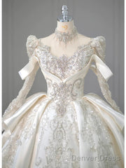Luxury Ball Gown High Neckline Long Sleeves Sequin White Wedding Dresses Brides Dress