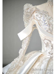 Luxury Ball Gown High Neckline Long Sleeves Sequin White Wedding Dresses Brides Dress