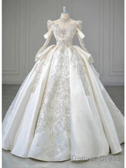 Luxury Ball Gown High Neckline Long Sleeves Sequin White Wedding Dresses Brides Dress