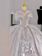 Luxury Ball Gown Off The Shoulder Short Sleeves Sequin White Wedding Dresses Brides Dress