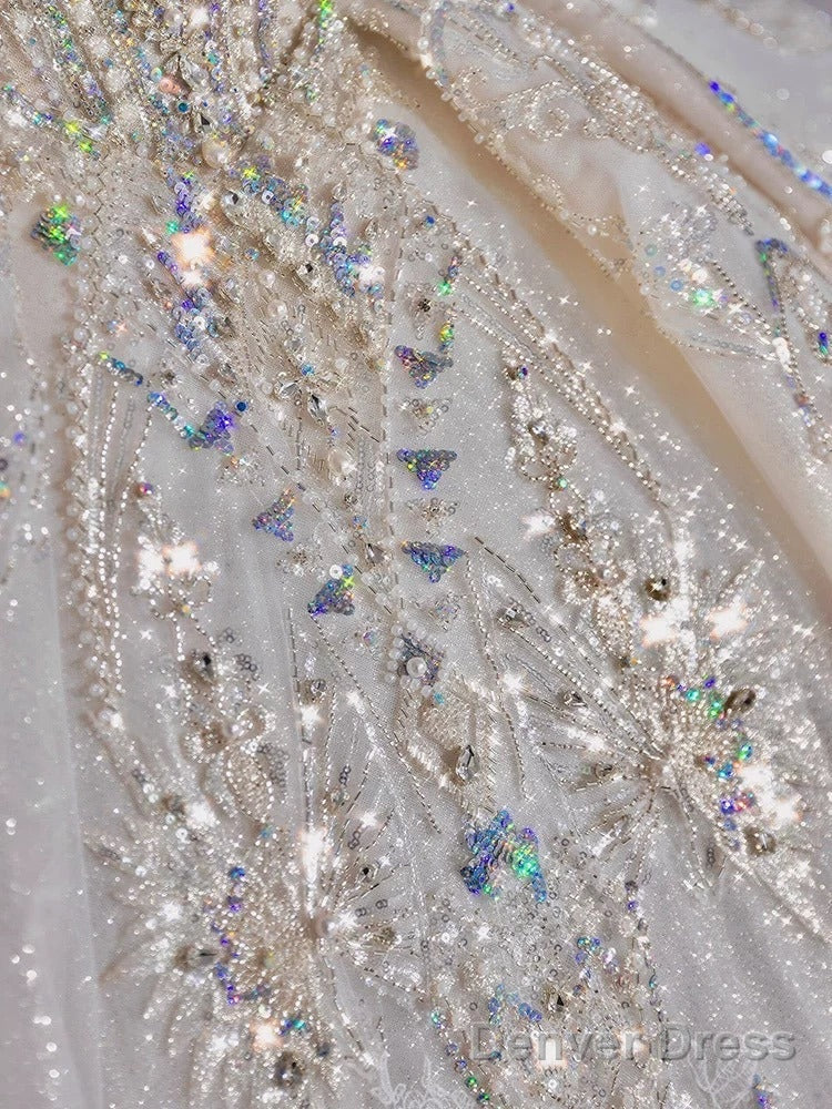 Luxury Ball Gown Off The Shoulder Short Sleeves Sequin White Wedding Dresses Brides Dress