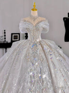 Luxury Ball Gowns Off The Shoulder Short Sleeves Sequin White Wedding Dress Brides Dresses