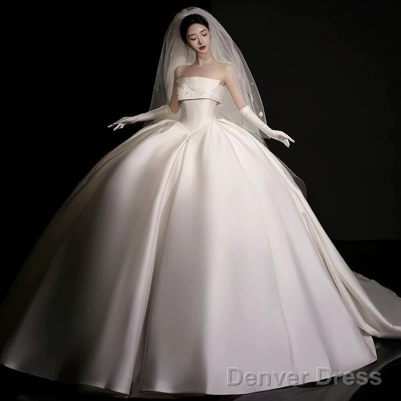 Luxury Ball Gowns Strapless Sleeveless Satin White Wedding Dress Brides Dresses