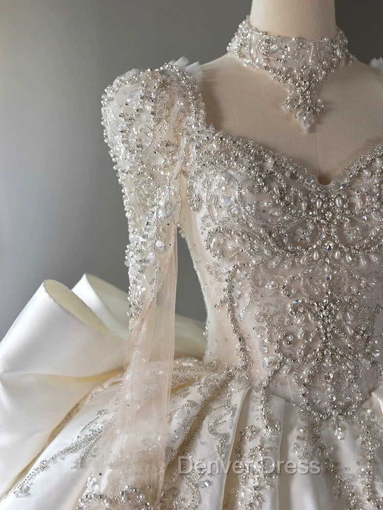 Luxury Ball Gowns Sweetheart Neckline Long Sleeves Sequin White Wedding Dress Brides Dresses