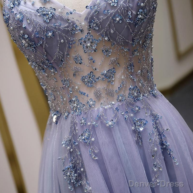 Luxury Beaded A Line Spaghetti Straps Long Prom Dress,Split Tulle Prom Dresses Secondary image