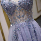 Luxury Beaded A Line Spaghetti Straps Long Prom Dress,Split Tulle Prom Dresses