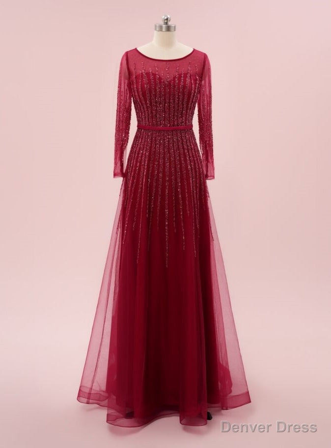 Luxury Burgundy Tulle Long Sleeve Beading Sequins Prom Dresses