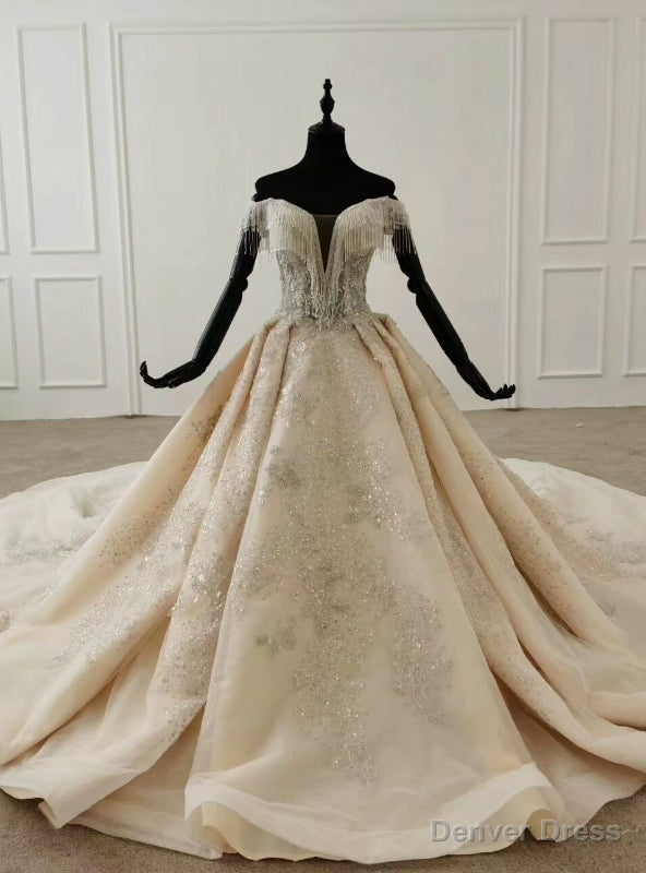 Luxury Champagne Ball Gowns Tulle Sequins Off the Shoulder Beading Wedding Dresses With Train