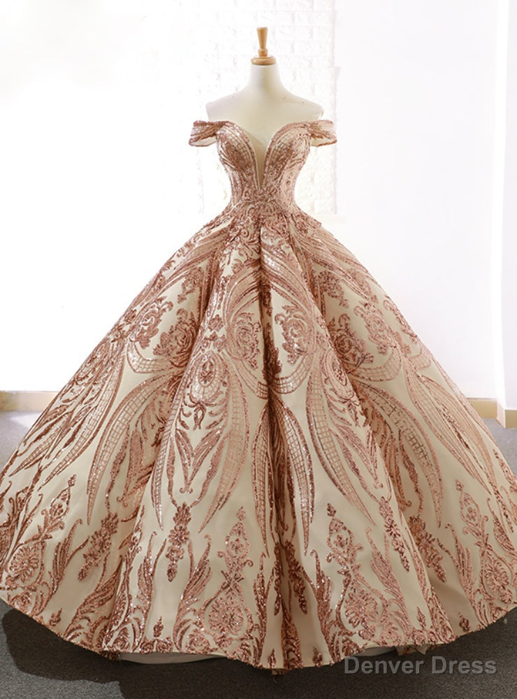Luxury Champagne Gold Sequins Ball Gowns Off The Shoulder Prom Dresses