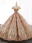 Luxury Champagne Gold Sequins Ball Gowns Off The Shoulder Prom Dresses