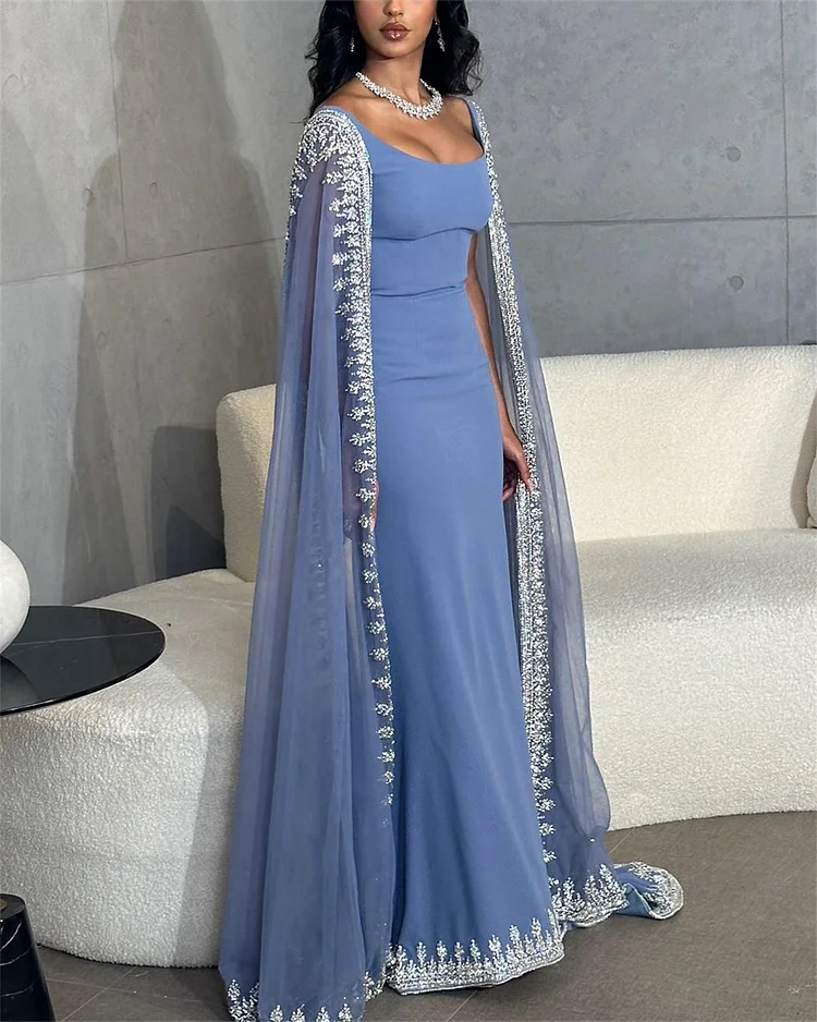 Vintage Dusty Blue Mermaid Prom Dress Applique Beaded Prom Dress Unique Cape Design Long Prom Dresses Secondary image