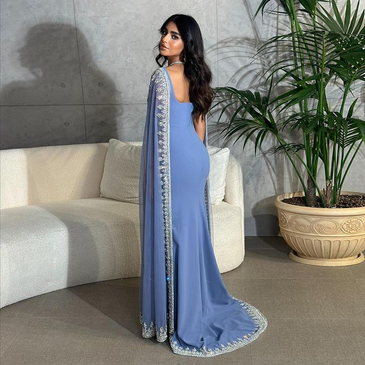 Vintage Dusty Blue Mermaid Prom Dress Applique Beaded Prom Dress Unique Cape Design Long Prom Dresses