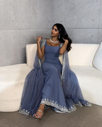 Vintage Dusty Blue Mermaid Prom Dress Applique Beaded Prom Dress Unique Cape Design Long Prom Dresses
