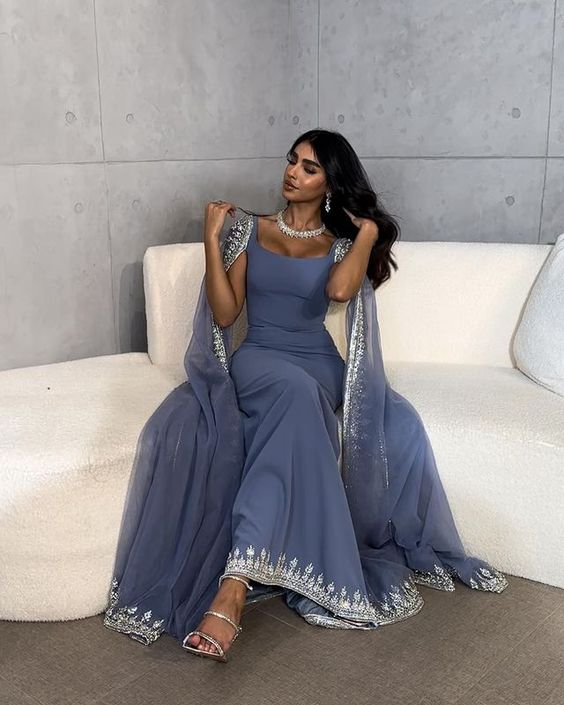 Vintage Dusty Blue Mermaid Prom Dress Applique Beaded Prom Dress Unique Cape Design Long Prom Dresses