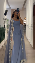Vintage Dusty Blue Mermaid Prom Dress Applique Beaded Prom Dress Unique Cape Design Long Prom Dresses
