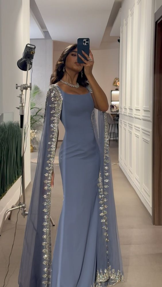 Vintage Dusty Blue Mermaid Prom Dress Applique Beaded Prom Dress Unique Cape Design Long Prom Dresses