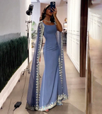 Vintage Dusty Blue Mermaid Prom Dress Applique Beaded Prom Dress Unique Cape Design Long Prom Dresses