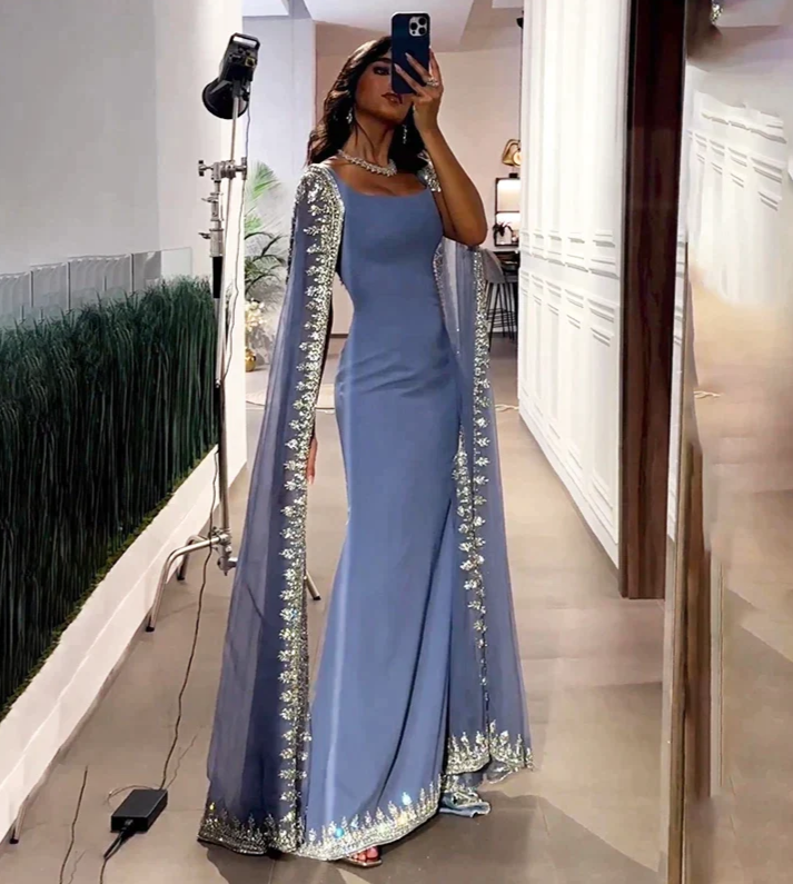 Vintage Dusty Blue Mermaid Prom Dress Applique Beaded Prom Dress Unique Cape Design Long Prom Dresses