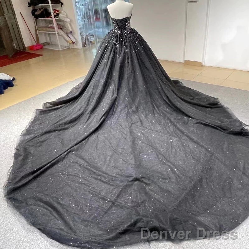 Luxury  Crystals Black Wedding Dresses Gothic Sweetheart Tulle Quince Dress