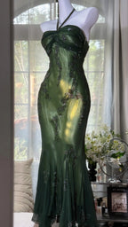Luxury Dark Green Mermaid Bead Embroidered Chiffon Long Prom Dresses Evening Dresses