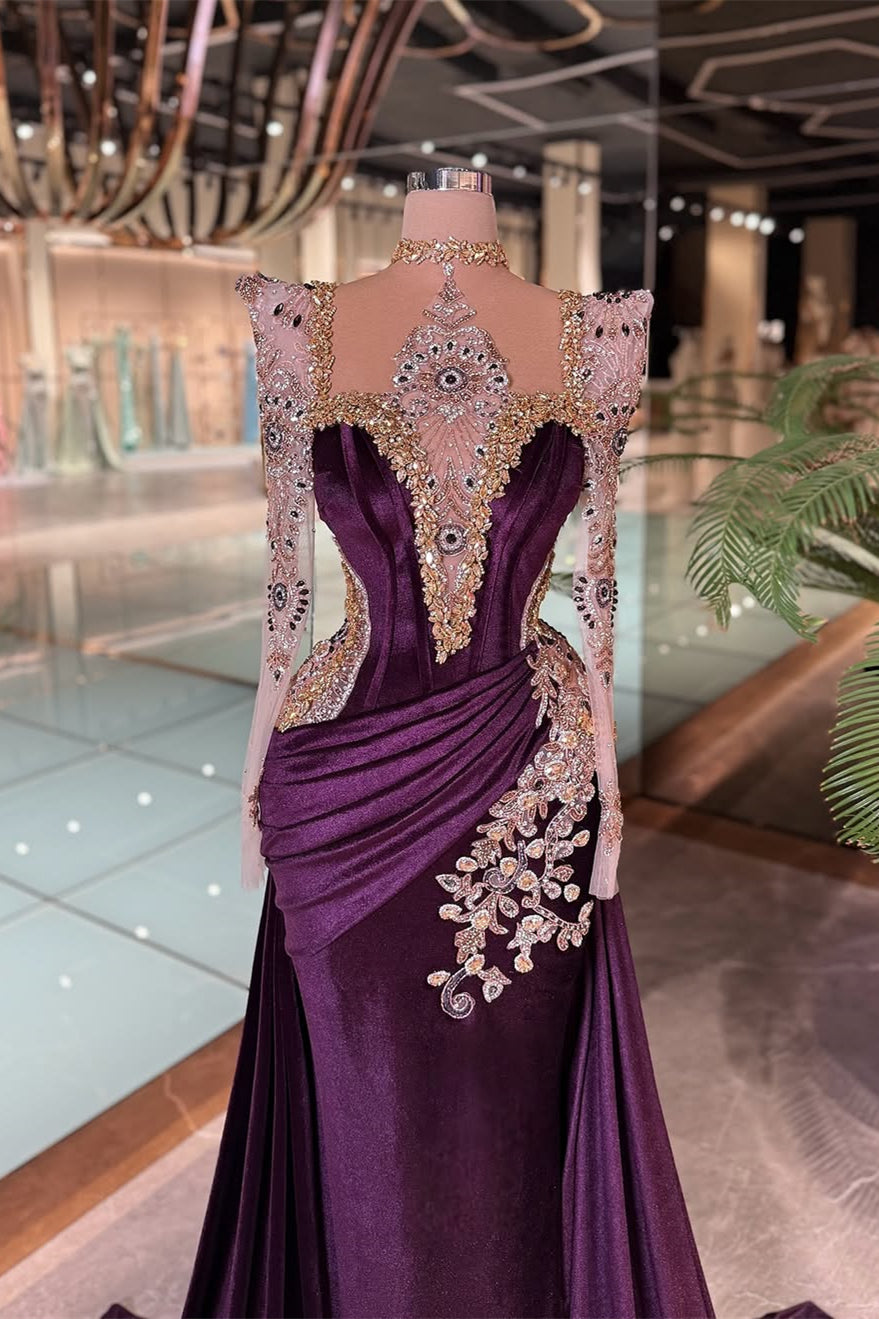 Luxury Grape Halter Long Sleeves Mermaid Prom Dresses Column Gem With Pleats Secondary image