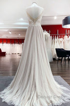 Luxury Long A Line V Neck Tulle Open Back Lace Wedding Dresses