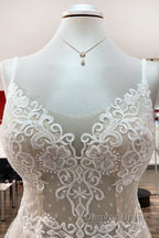 Luxury Long A Line V Neck Tulle Open Back Lace Wedding Dresses