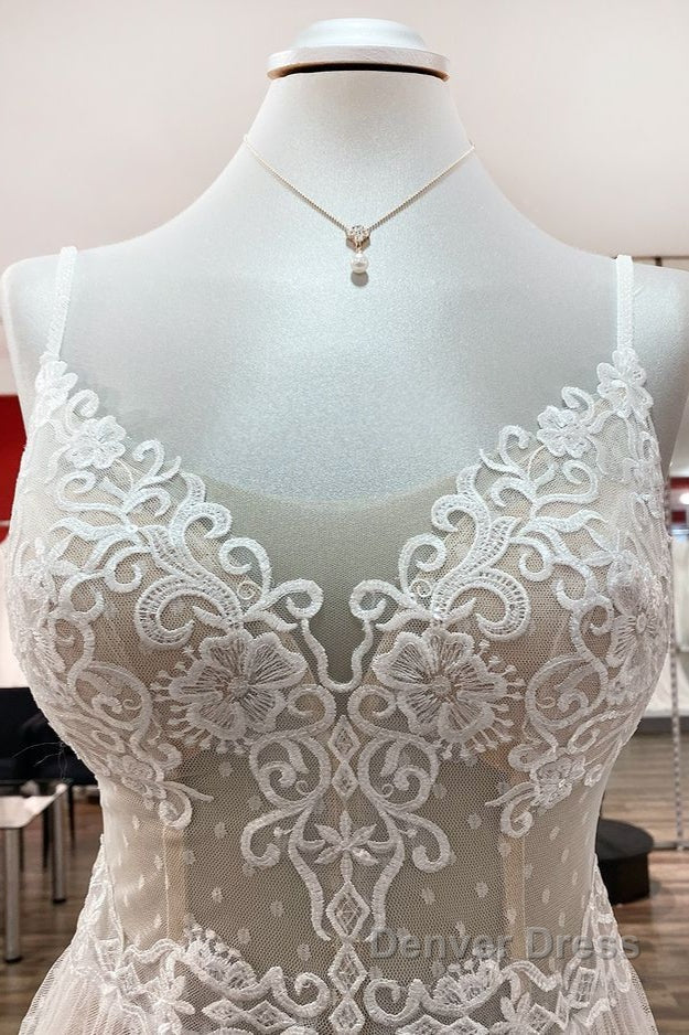 Luxury Long A Line V Neck Tulle Open Back Lace Wedding Dresses