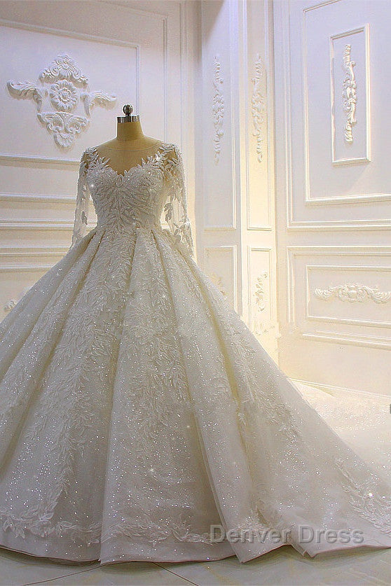 Luxury Long Ball Gowns Lace Appliques Wedding Dresses with Sleeves