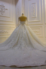 Luxury Long Ball Gown Lace Appliques Wedding Dresses with Sleeves