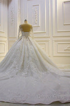 Luxury Long Ball Gown Lace Appliques Wedding Dresses with Sleeves