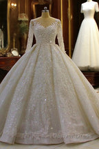 Luxury Long Ball Gown Lace Appliques Wedding Dresses with Sleeves