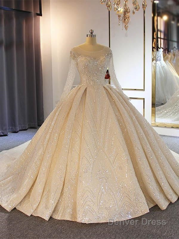 Luxury Long Ball Gown Sweetheart Lace Wedding Dresses with Sleeves Main image