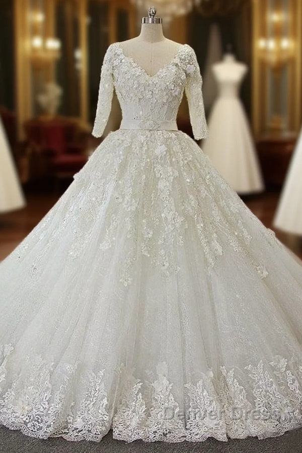 Luxury Long Ball Gown V Neck Lace Wedding Dresses with Sleeves Main image