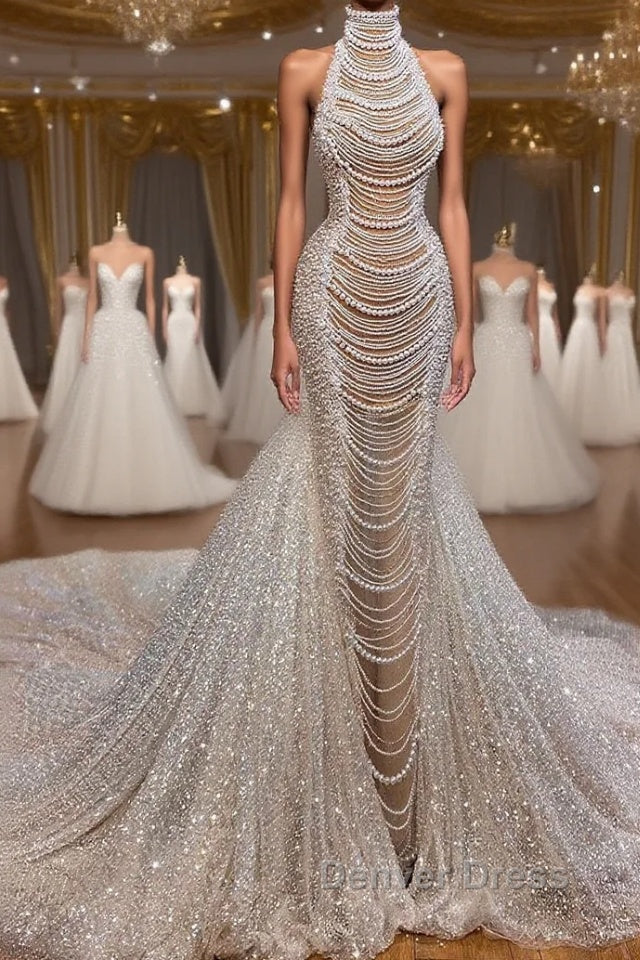 Luxury Long Mermaid Halter Beading Sleeveless Wedding Dresses With Pearls Main image