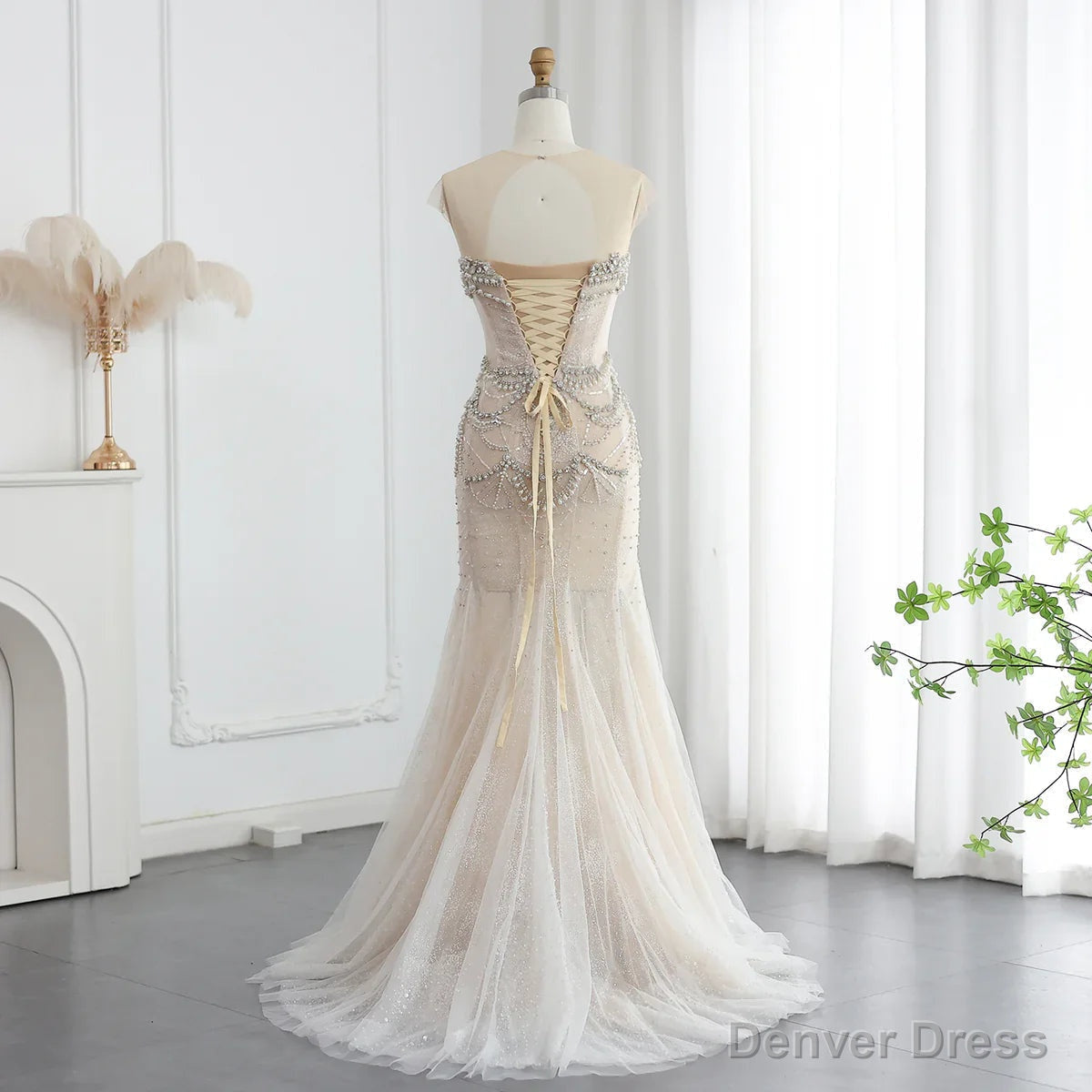 Luxury Mermaid Crystal Pearls Nude Tulle Long Prom Dresses Secondary image