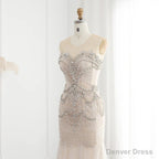 Luxury Mermaid Crystal Pearls Nude Tulle Long Prom Dresses
