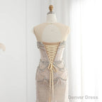 Luxury Mermaid Crystal Pearls Nude Tulle Long Prom Dresses