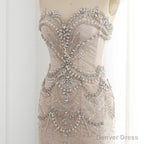 Luxury Mermaid Crystal Pearls Nude Tulle Long Prom Dresses