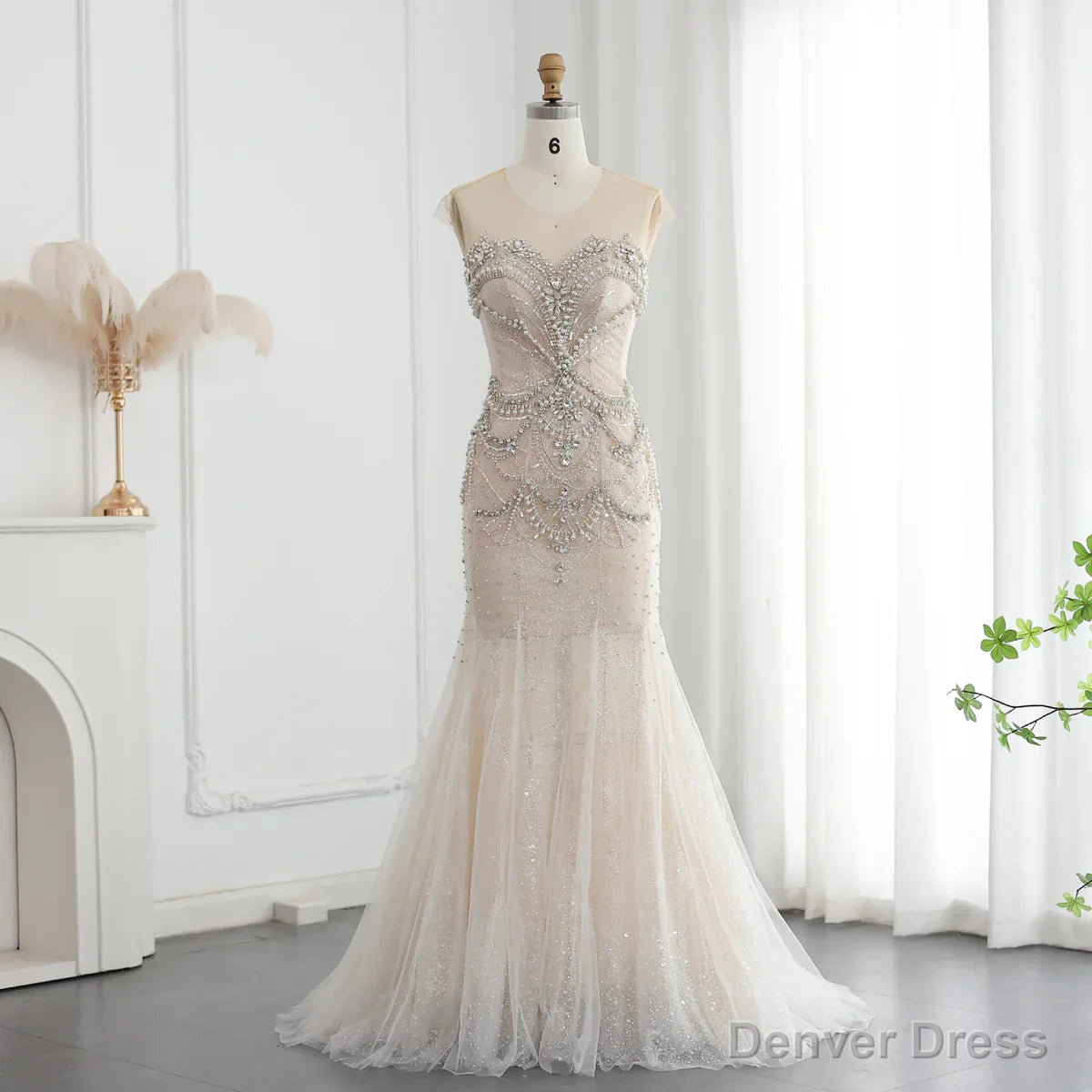 Luxury Mermaid Crystal Pearls Nude Tulle Long Prom Dresses Main image