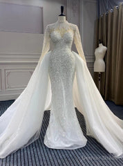 Luxury Mermaid Tulle Long Sleeve Beading Pearls Wedding Dress