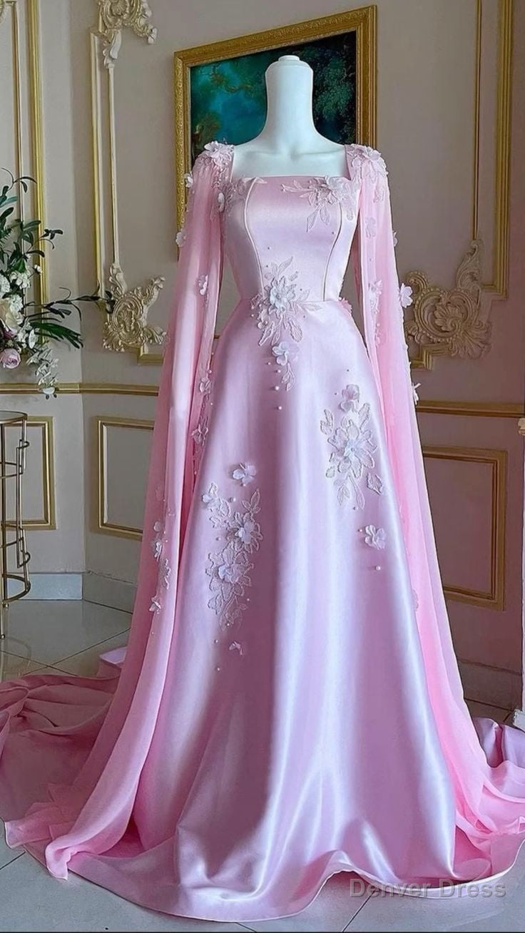 Luxury Pink Satin Long A Line Prom Dress Pretty Appliques Prom Dresses
