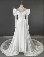 Luxury Retro Vintage Bubble Sleeved Long Train Satin Wedding Dresses