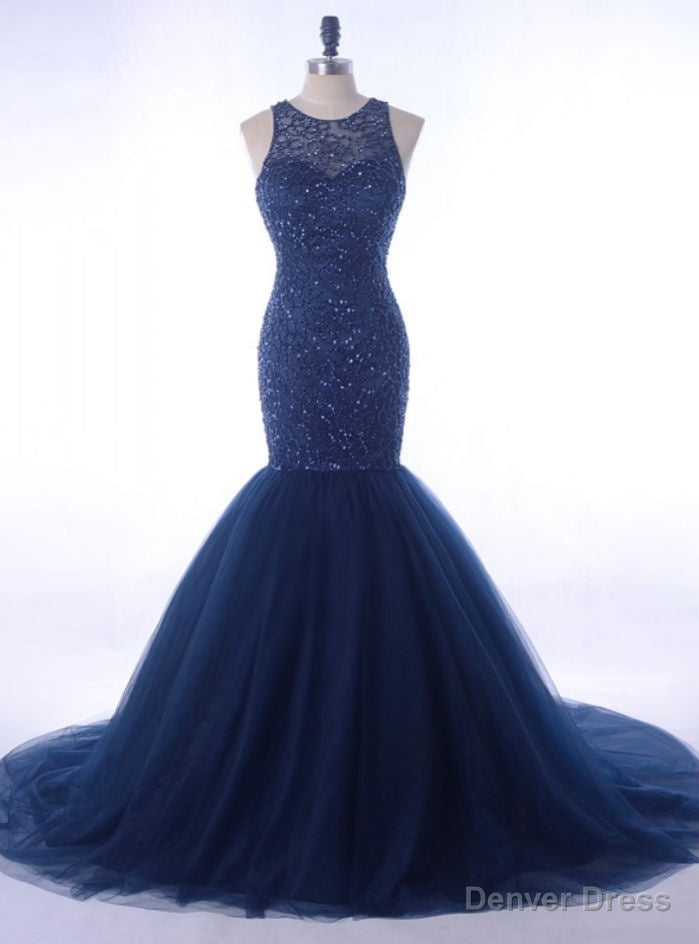 Luxury Rhinestone Prom Gowns Beading Navy Blue Women Prom Dresses